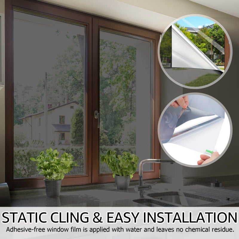 HIDBEA One Way Window Film, Daytime Privacy Sun Blocking Reflective Window Film No Glue Static Cling Heat Control Window Tinting Film for Home and Office, Black Silver, 23.6 x 78.7 Inch - Image 5